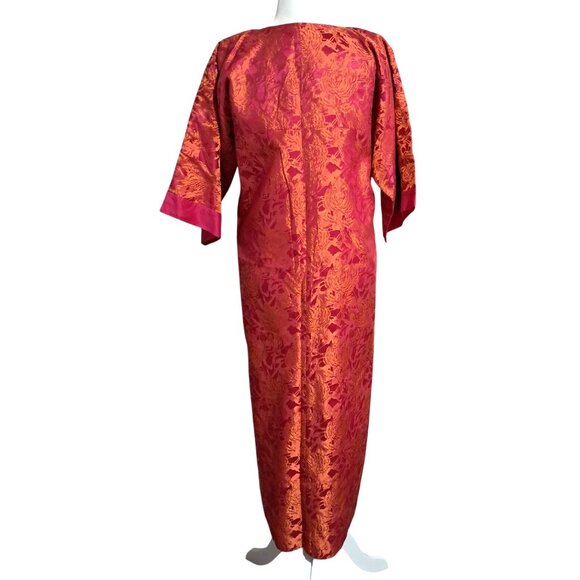 Vintage Pink & Orange Brocade Kimono Dress With Mandarin Collar Frog Buttons Hel - Picture 4 of 12